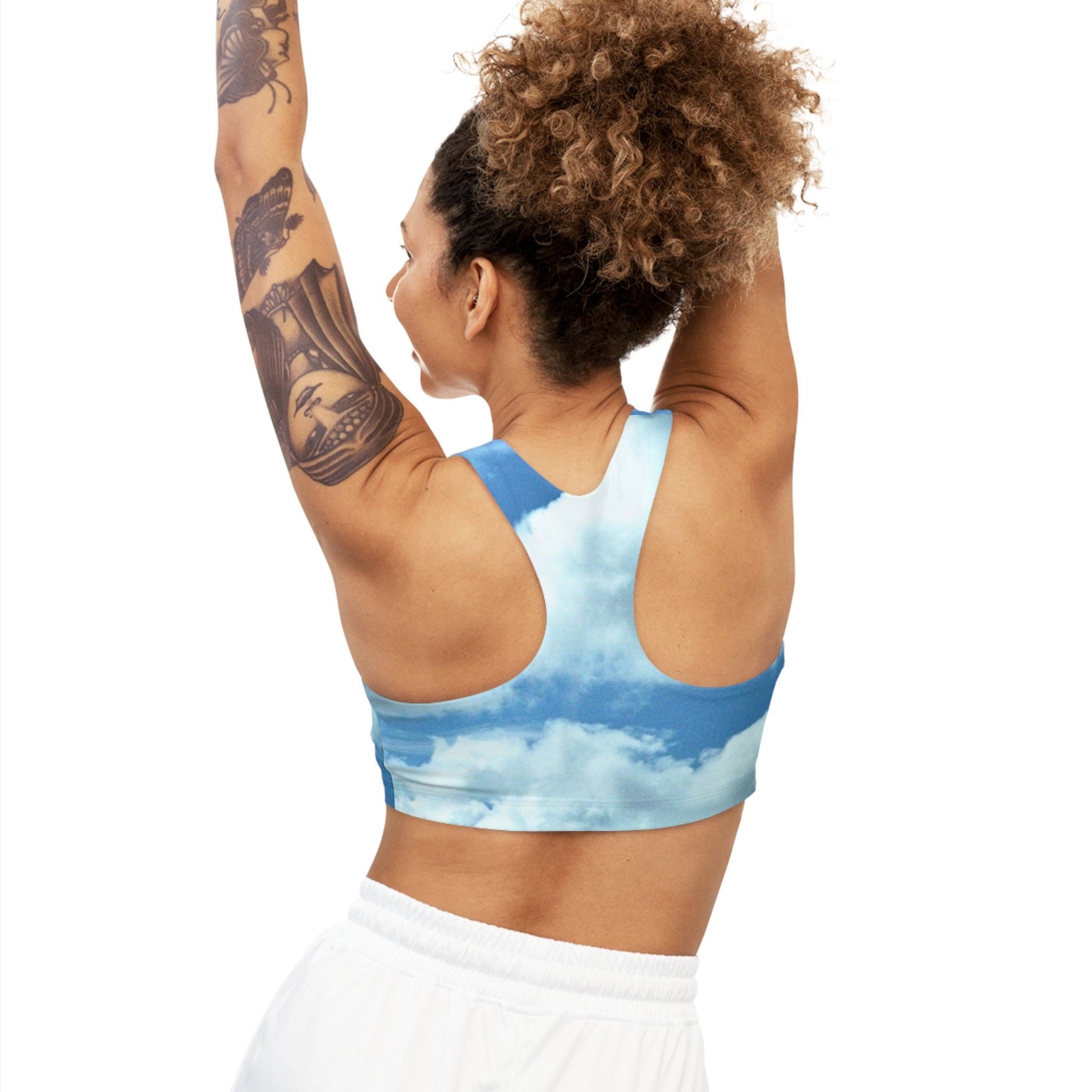 Seamless Sports Bra with Photo of Blue Sunny Sky,Pretty, White Fluffy Clouds. Unique, Stylish,Fashionable, New Original Design, New Designer