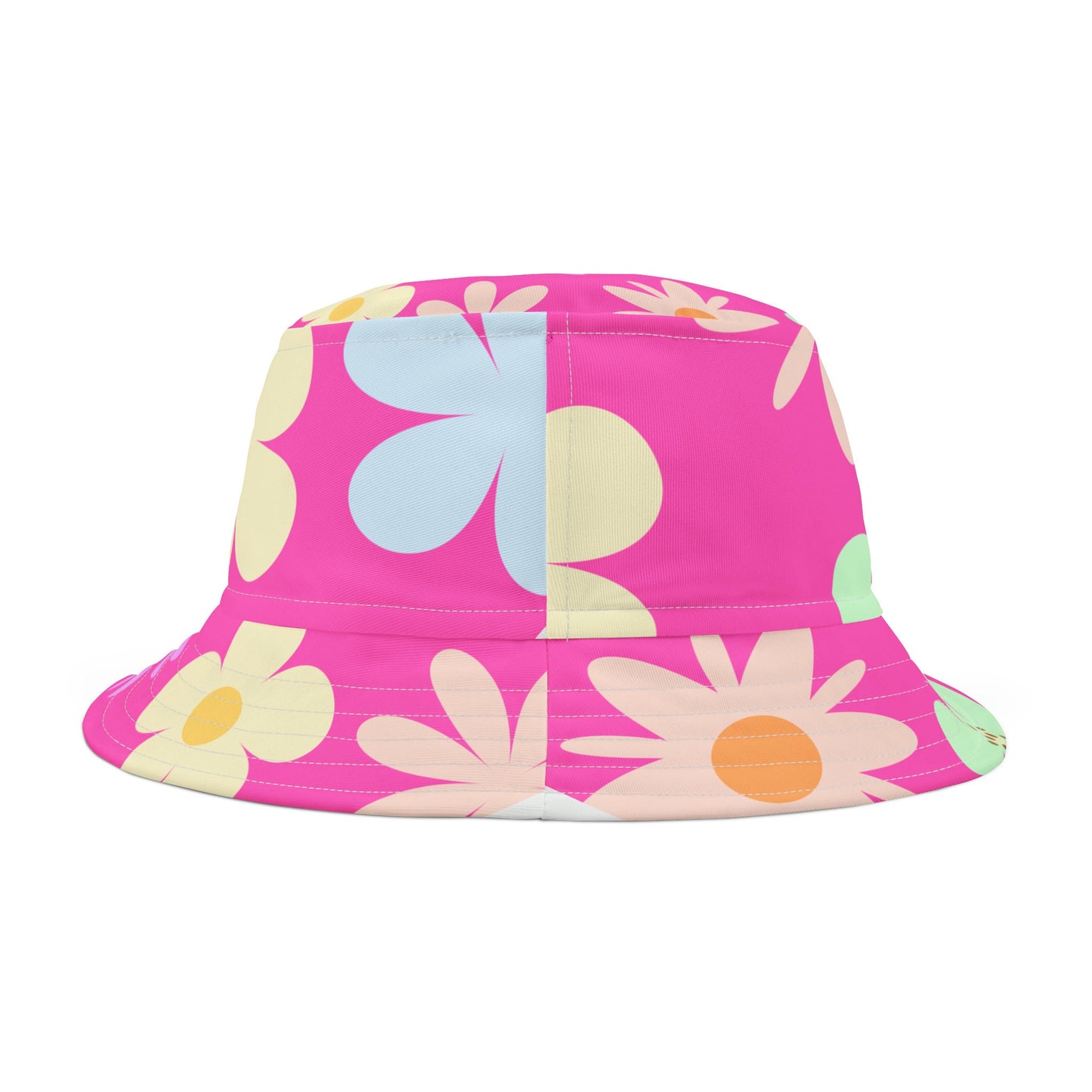 Bucket Hat Flower Power, Retro Flowers Over Pink.  Pretty, Mod Flowers. Great summer or Spring Hat, Many Flowers