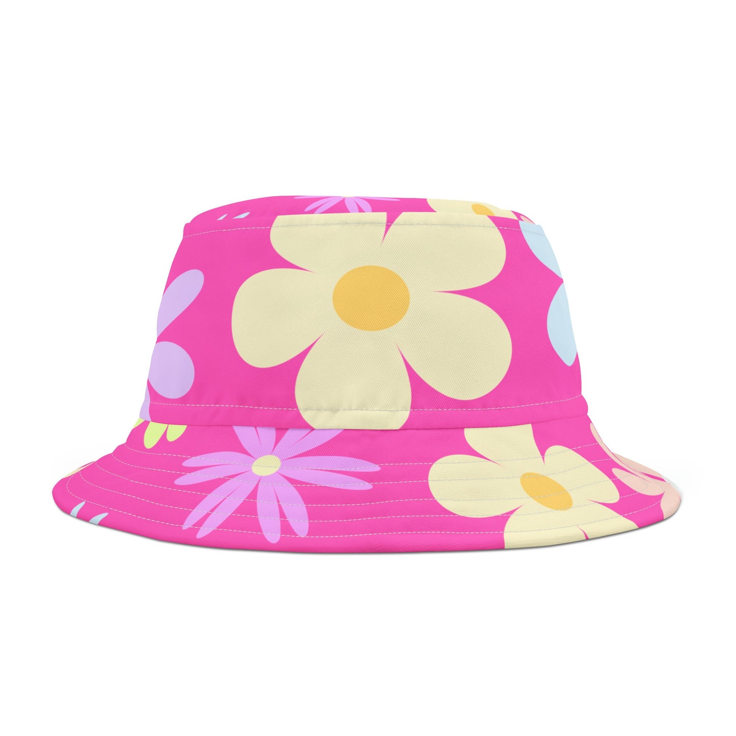 Bucket Hat Flower Power, Retro Flowers Over Pink.  Pretty, Mod Flowers. Great summer or Spring Hat, Many Flowers