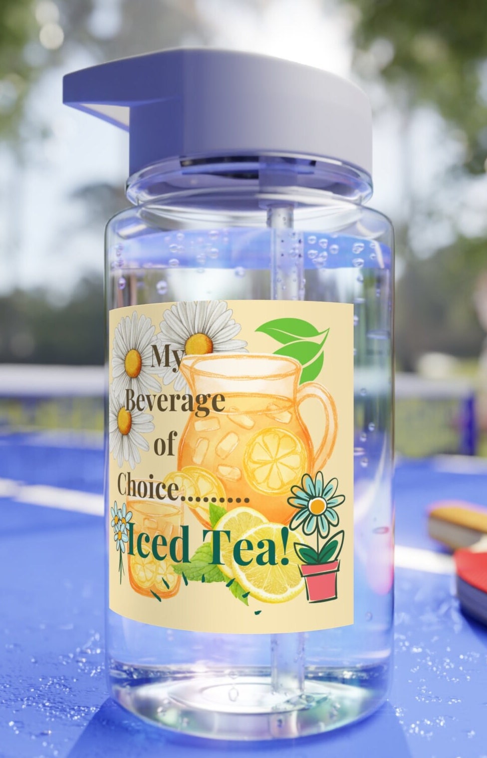 Tritan Water Bottle with Iced Tea Theme Image, Iced Tea Drinker, Fan, Fun, Tea, Sweet Tea Fan, Southern Tea, Gift, Beverage Glass, Summer