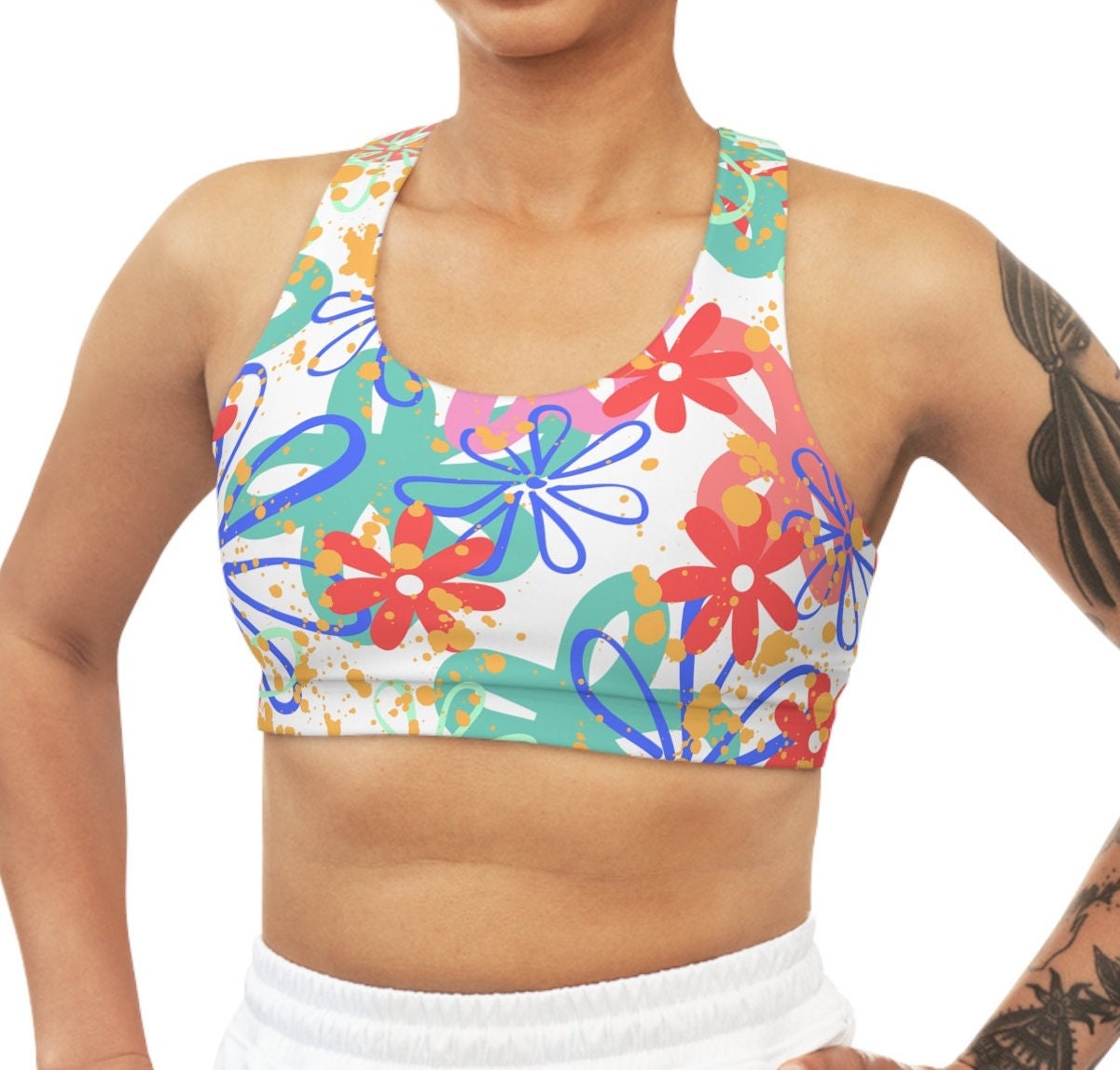 Seamless Sports Bra with Print of Random Retro Flowers, Multi Colors, Bright, Happy, Young, New, Original Design,Digital Art