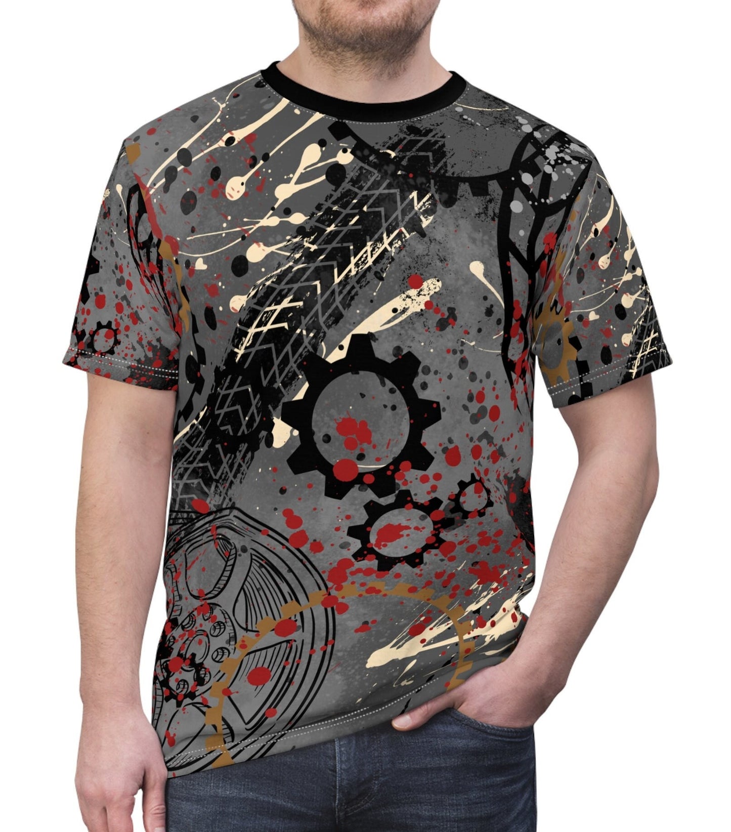 Unisex Tee with Graphic Garage Design, Features Elements of a Gararge, Gears, Tires, etc.  Great Masculine Design, Dark Gray, Black, Bronze