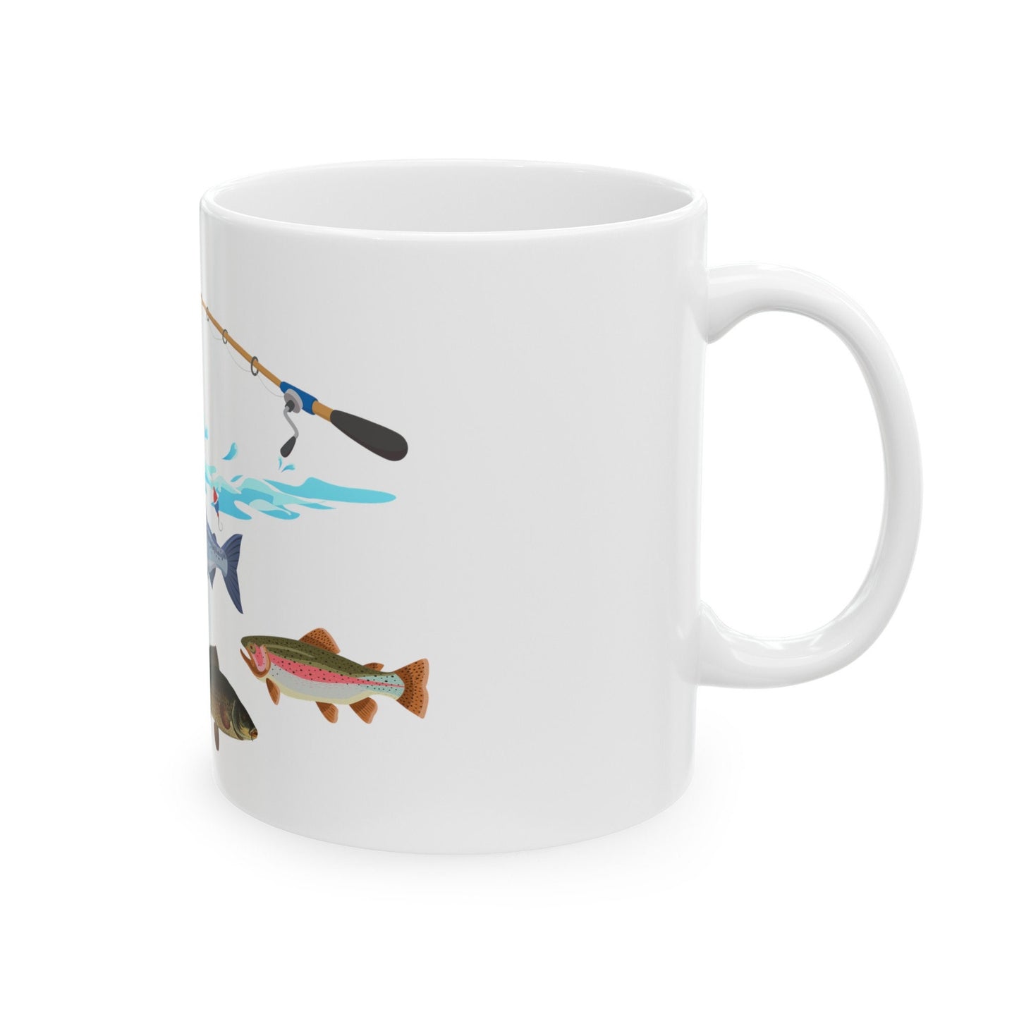 Ceramic Mug, (11oz, 15oz) "Time for Fishing" Original Digital Art, Fun for Angler and Fishing fan, Great Gift for Dad, Various Fish and rod