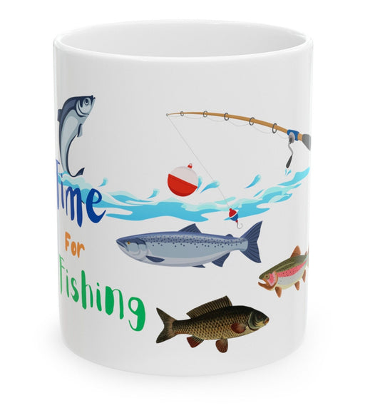 Ceramic Mug, (11oz, 15oz) "Time for Fishing" Original Digital Art, Fun for Angler and Fishing fan, Great Gift for Dad, Various Fish and rod