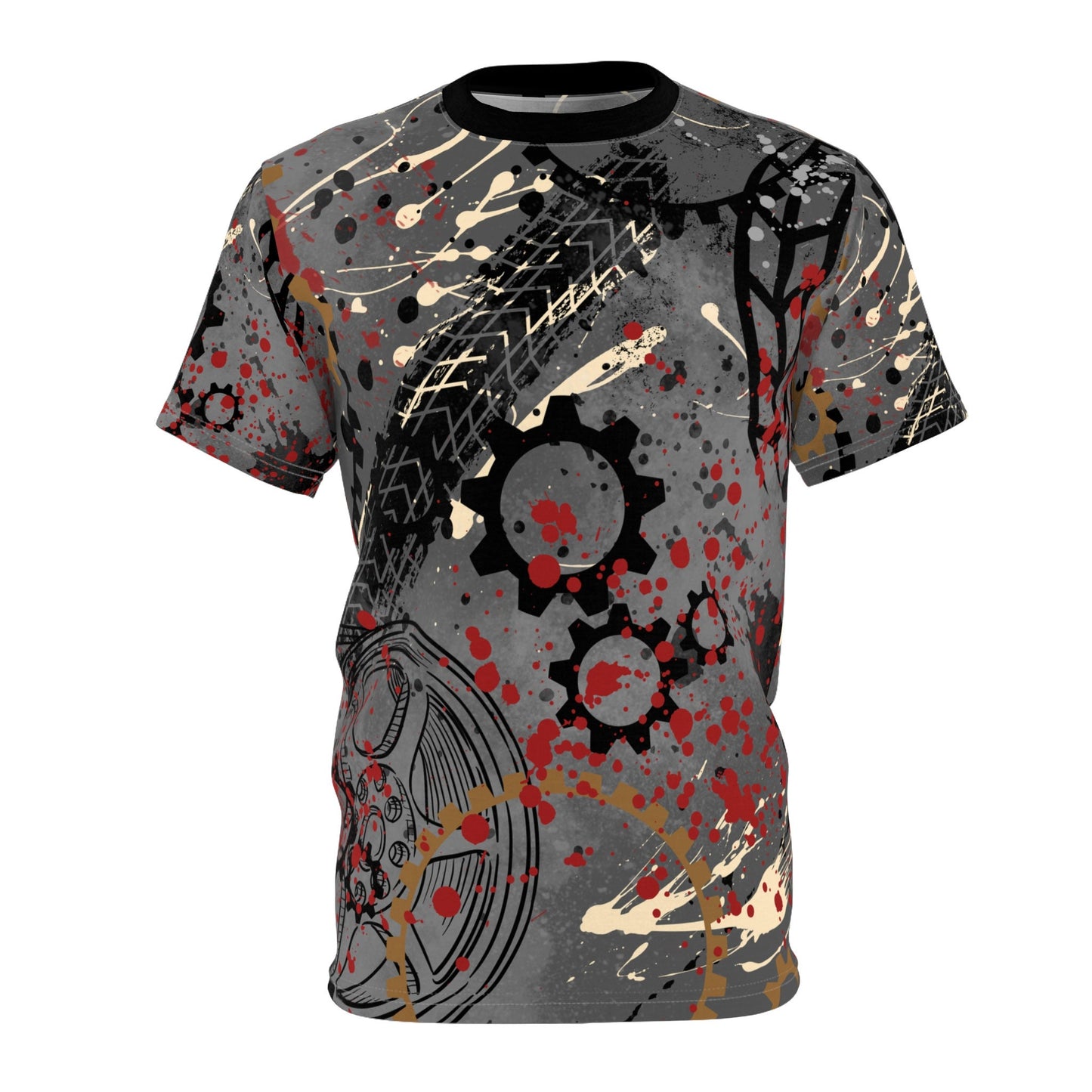 Unisex Tee with Graphic Garage Design, Features Elements of a Gararge, Gears, Tires, etc.  Great Masculine Design, Dark Gray, Black, Bronze