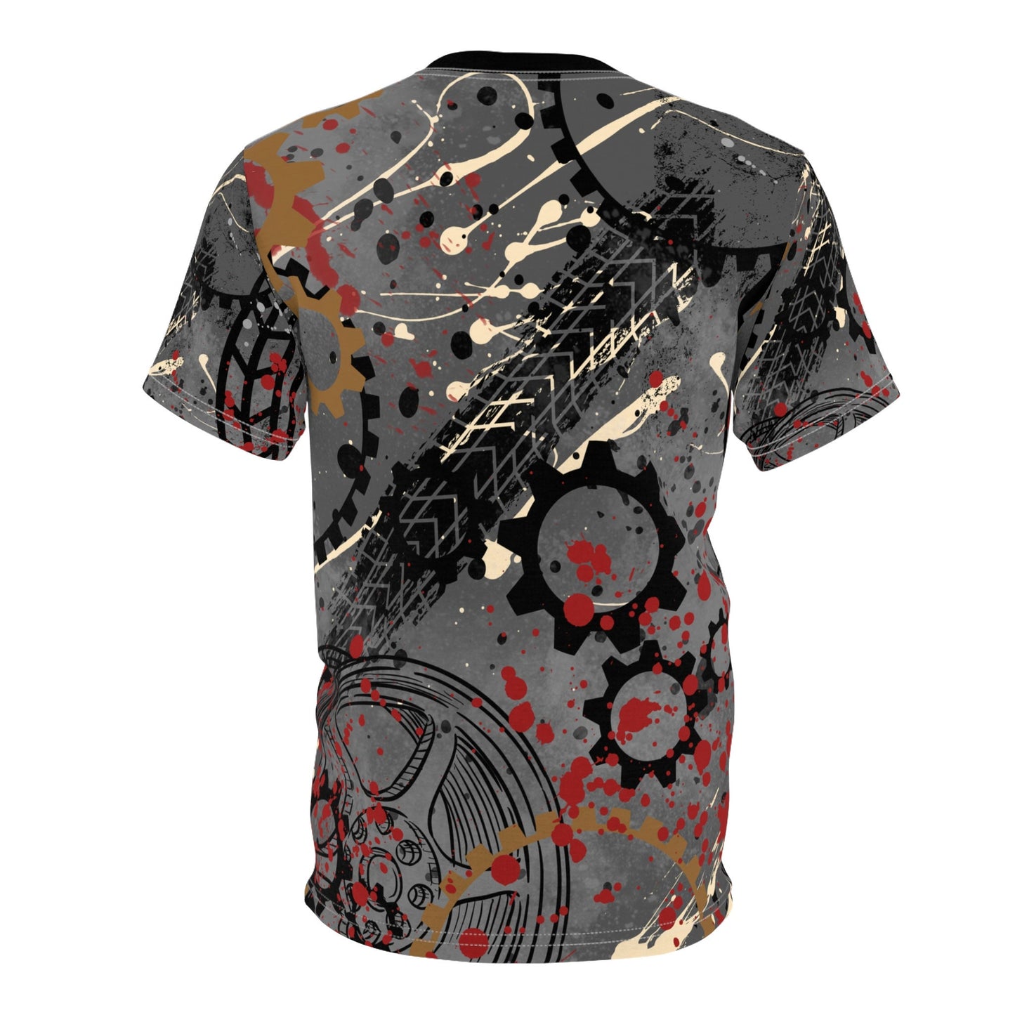 Unisex Tee with Graphic Garage Design, Features Elements of a Gararge, Gears, Tires, etc.  Great Masculine Design, Dark Gray, Black, Bronze