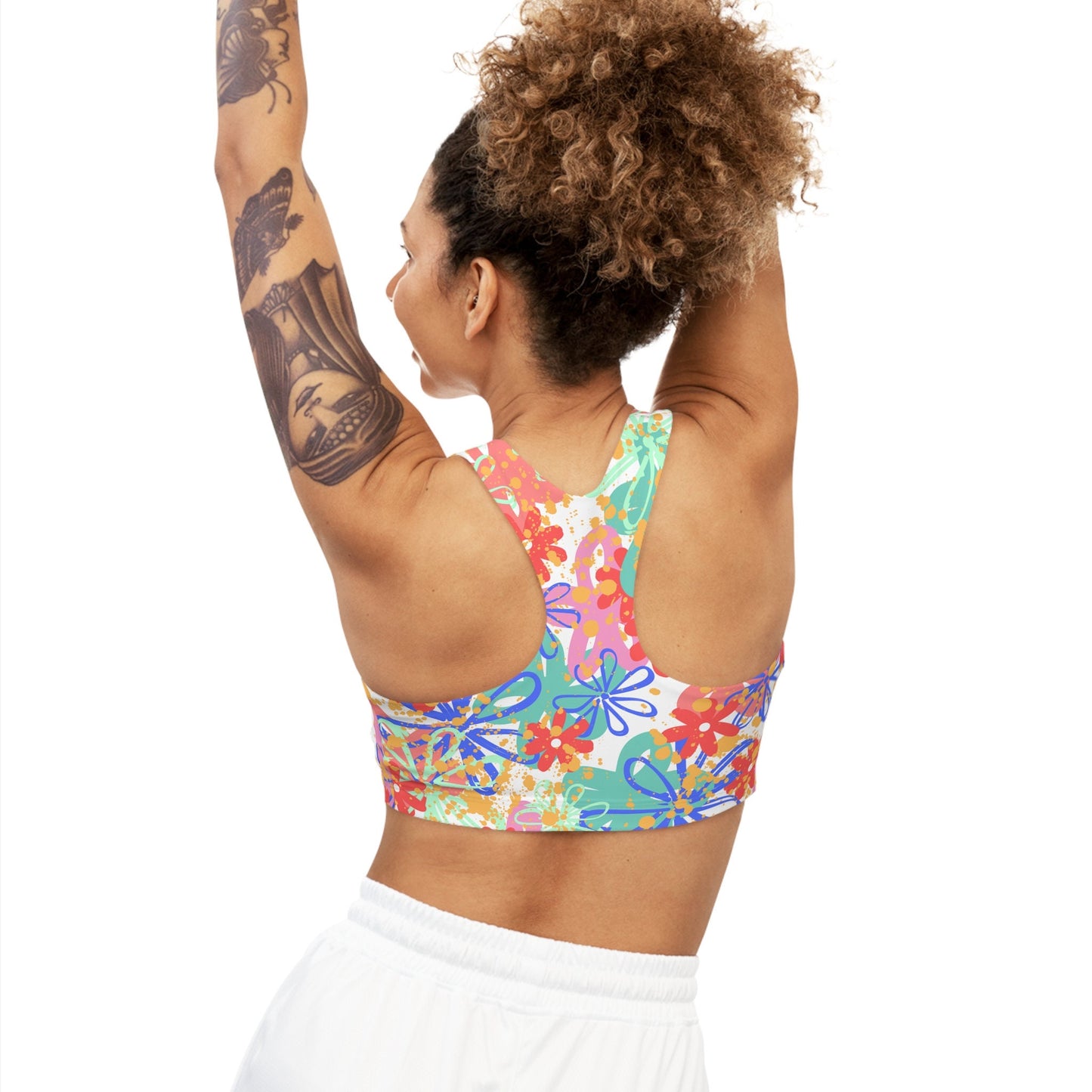 Seamless Sports Bra with Print of Random Retro Flowers, Multi Colors, Bright, Happy, Young, New, Original Design,Digital Art