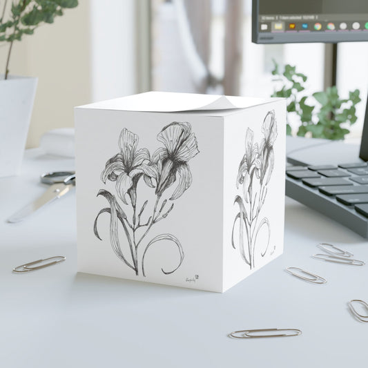 Note Cube Printed with Original Ink Drawing of Pretty, Flowers, New Original Art, Botanical, Pretty Flowers, Mininamilist, Gray Scale