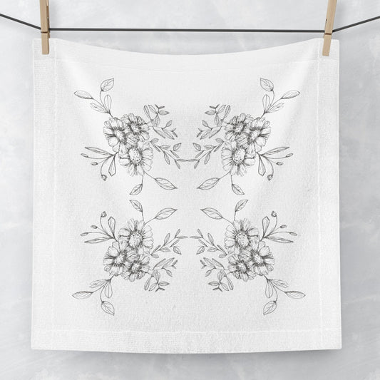 Face Towel Printed with Original Hand Ink Drawing of Simple Flowers Gray on White Minimalist Design