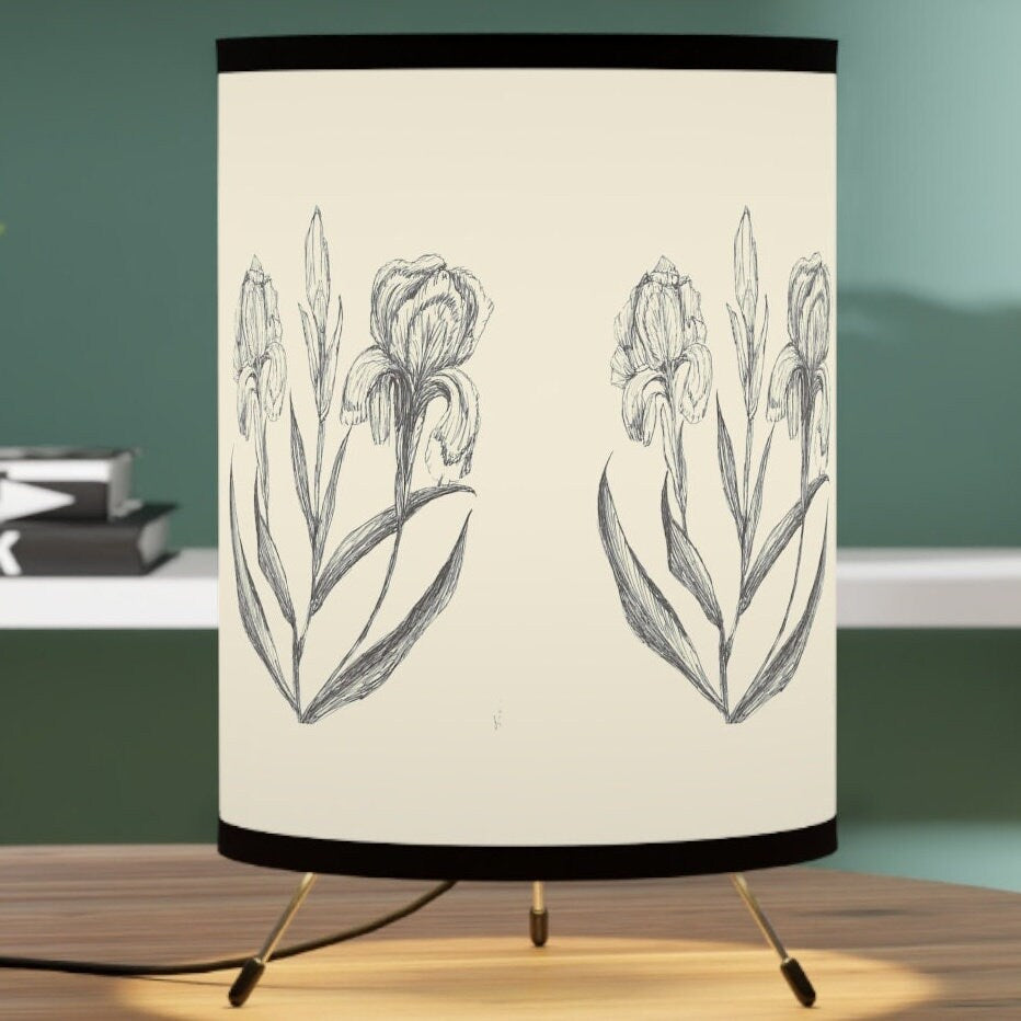 Tripod Lamp with High-Res Printed Shade, US\CA plug Printed with Original Hand Drawn Iris Flower, Spring, Summer,Floral Art, Pretty, Garden