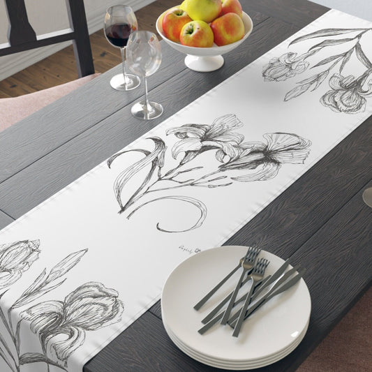 Table Runner (Cotton or Poly) Features Print of Original Fine Art Ink Drawing of Iris Flowers, 2 sizes. Botanical, Garden Home, Floral Decor