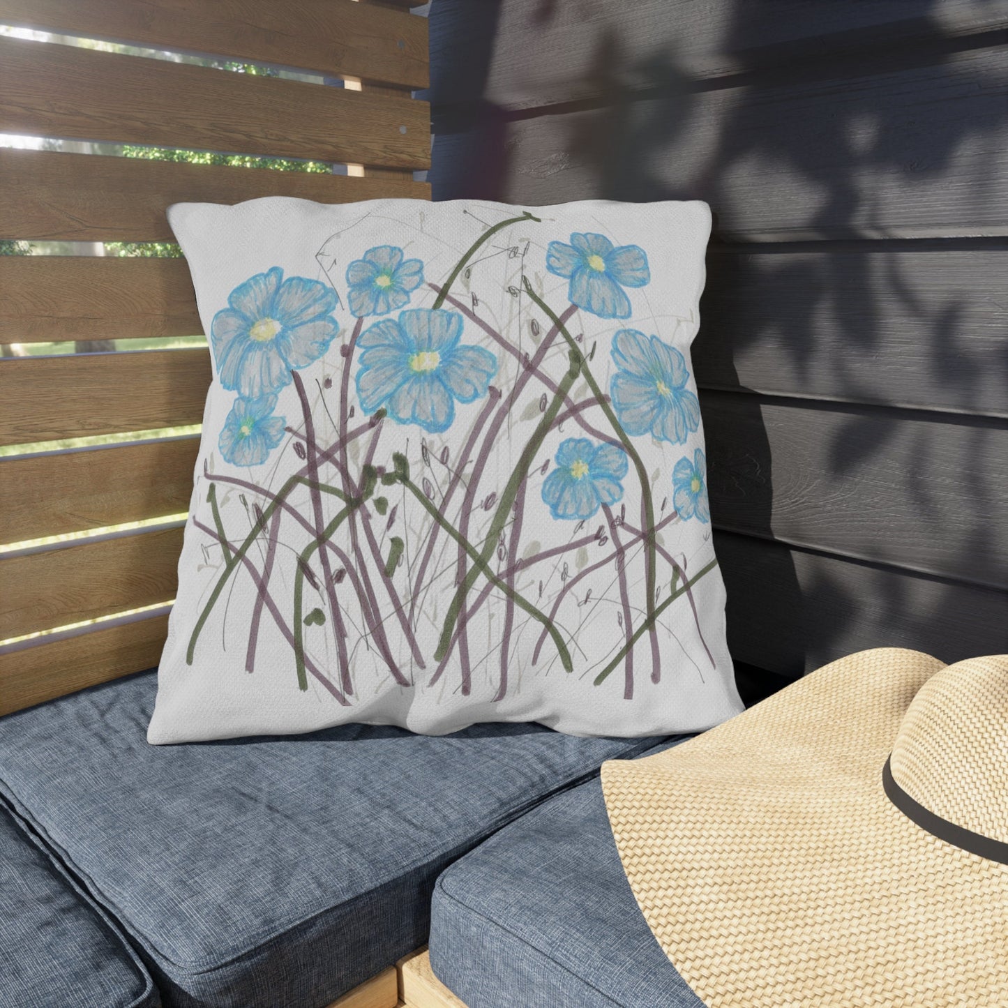 Outdoor Pillows, Print of Pretty Field Flowers, Original Ink Drawing, Wildflowers, Hand Drawn Print, Blue Flowers, Brown Stems,Garden Pillow