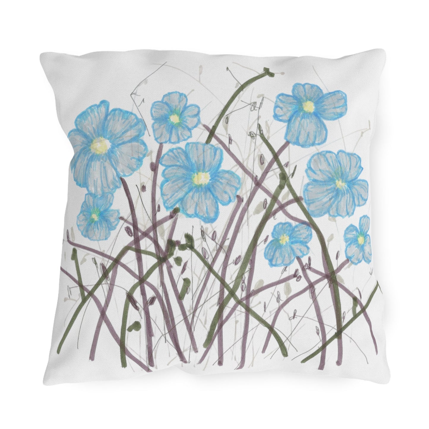 Outdoor Pillows, Print of Pretty Field Flowers, Original Ink Drawing, Wildflowers, Hand Drawn Print, Blue Flowers, Brown Stems,Garden Pillow