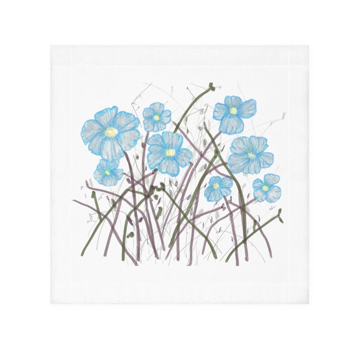 Face Towel Print of Hand Drawn WildFlowers, Original Art, Pretty Flowers to Accent Any Bathroom,Blue Flowers with Brown Stems, Botanical Art