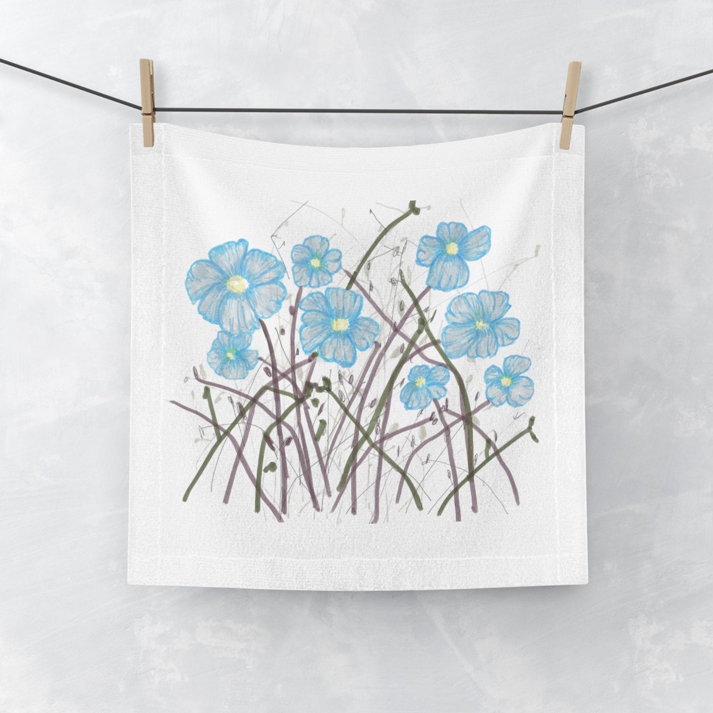 Face Towel Print of Hand Drawn WildFlowers, Original Art, Pretty Flowers to Accent Any Bathroom,Blue Flowers with Brown Stems, Botanical Art