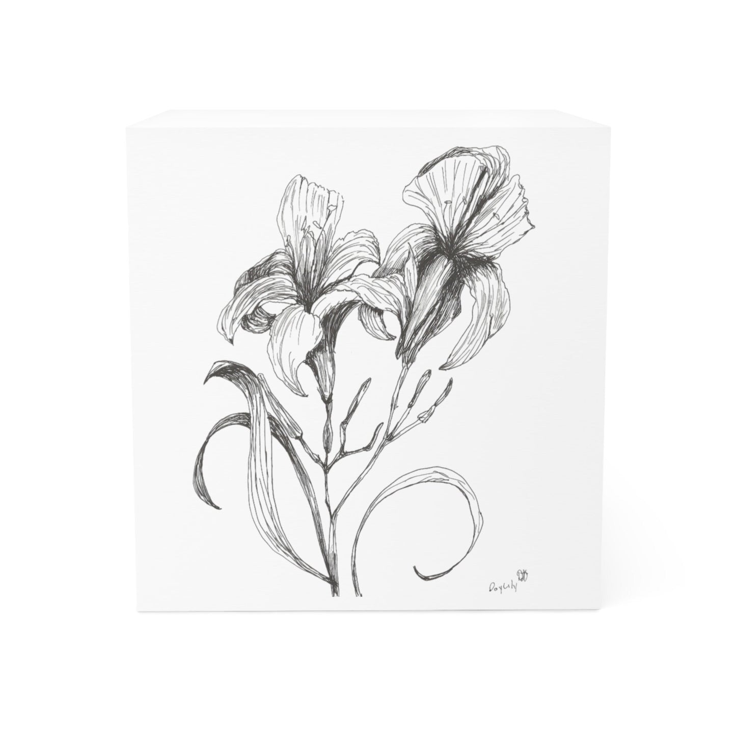 Note Cube Printed with Original Ink Drawing of Pretty, Flowers, New Original Art, Botanical, Pretty Flowers, Mininamilist, Gray Scale