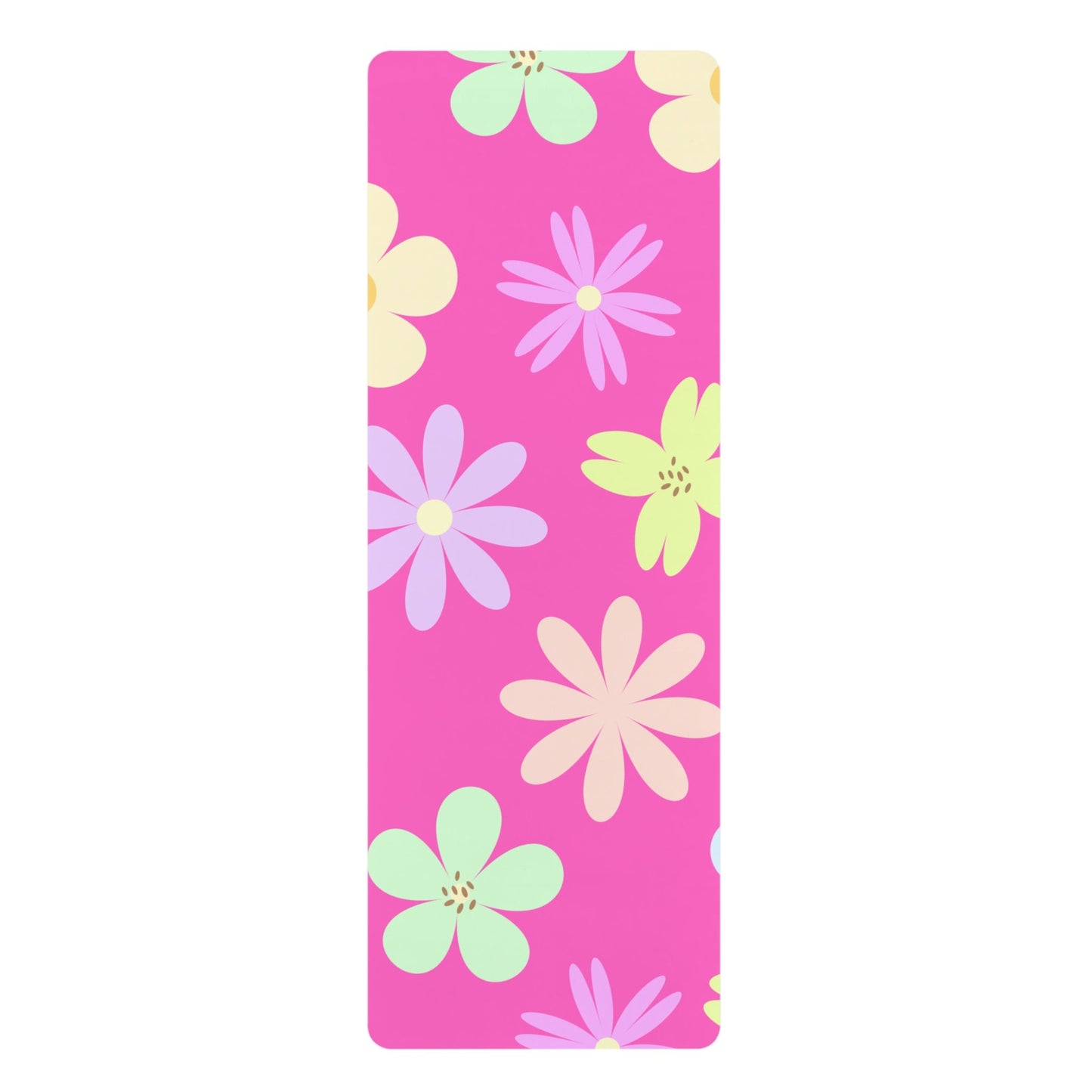 Rubber Yoga Mat with Fun, Mod, Retro Flowers,  Bright, Colorful,  Pink, Pretty, Fun, Spring, Summer, Multi floral, Random Flowers, Girly