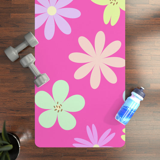 Rubber Yoga Mat with Fun, Mod, Retro Flowers,  Bright, Colorful,  Pink, Pretty, Fun, Spring, Summer, Multi floral, Random Flowers, Girly