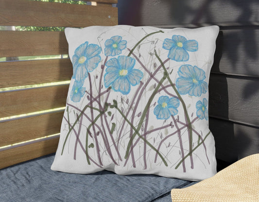 Outdoor Pillows, Print of Pretty Field Flowers, Original Ink Drawing, Wildflowers, Hand Drawn Print, Blue Flowers, Brown Stems,Garden Pillow