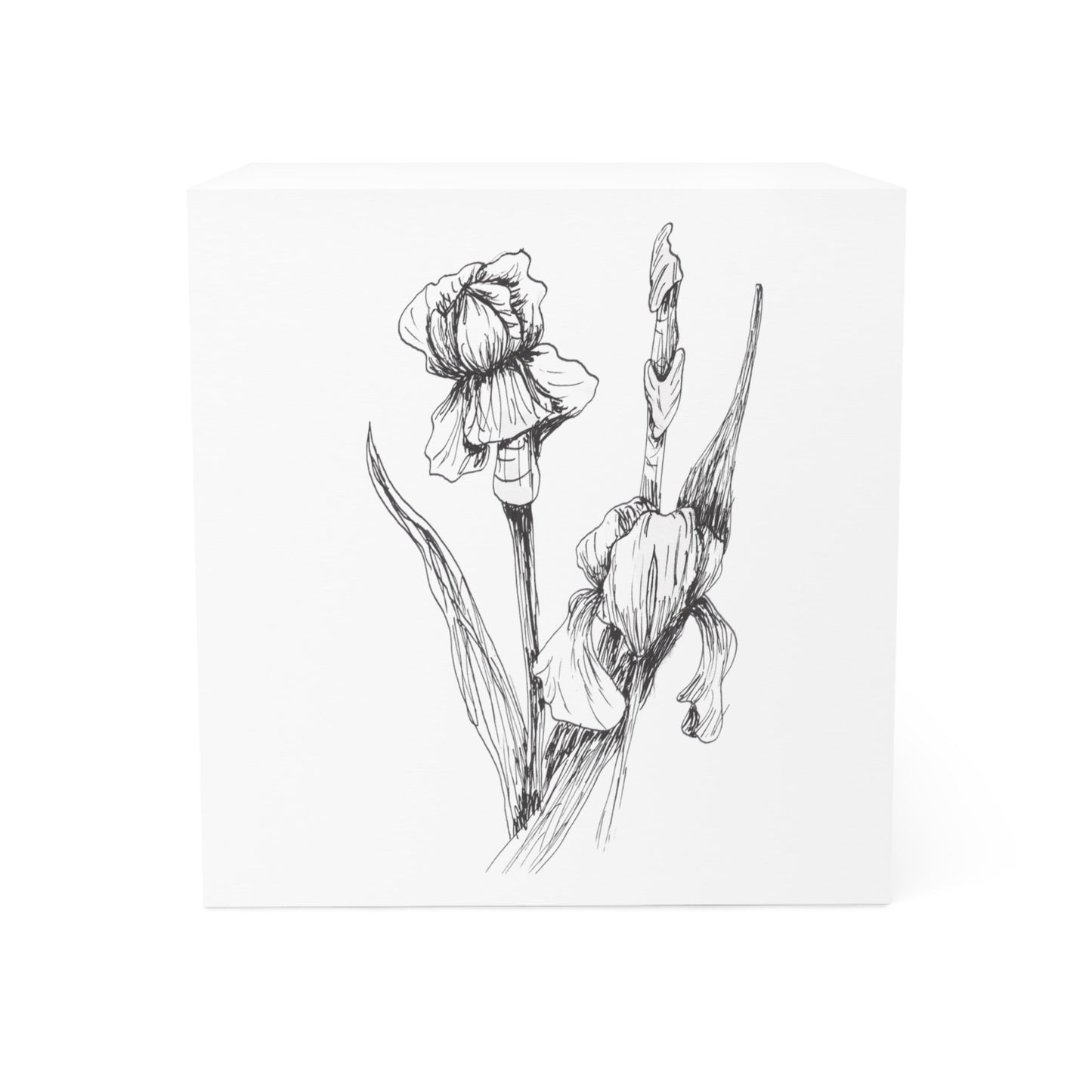 Note Cube with Print of Hand Drawn Iris, Garden Flower, Botanical Art, Fine Art Drawing,  Original Art, Minimalist, Line Drawing