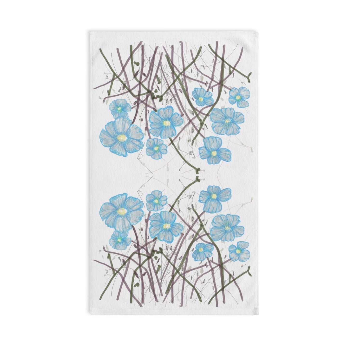 Hand Towel Print of Hand Drawn Ink Wildflowers, Pretty Blue Flowers, Floral Bathroom Accent, Guest Towel, Summer Flowers