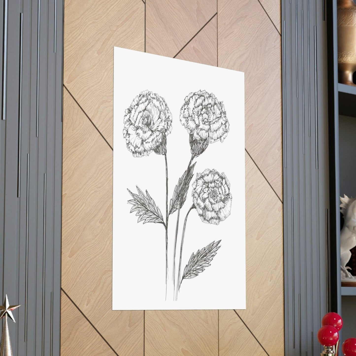 Matte Vertical Posters. Hand Drawing if Carnations, Original Ink Botanical Drawing, Minimalist, Line Drawing,Various Sizes