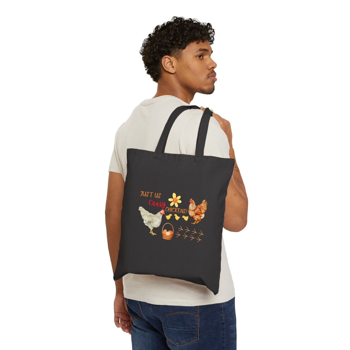 Cotton Canvas Tote Bag with Fun Chicken Print, Jyst Us Crazy Chickens, Farmhouse, Farm Life, Rural Life,  Country Style