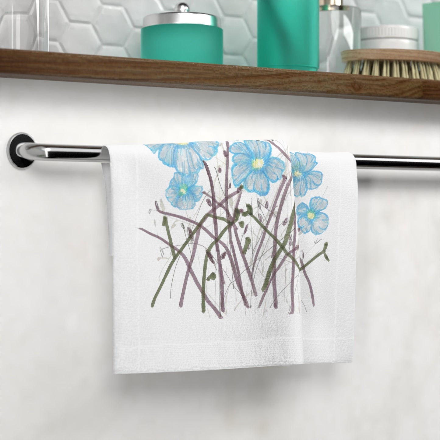 Face Towel Print of Hand Drawn WildFlowers, Original Art, Pretty Flowers to Accent Any Bathroom,Blue Flowers with Brown Stems, Botanical Art