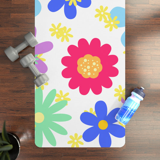 Rubber Yoga Mat with Random, Fun Retro Style Flowers, Bright, Colorful, Original art, Feminine, Fun Quirky, Mod, New, Pretty, Girly