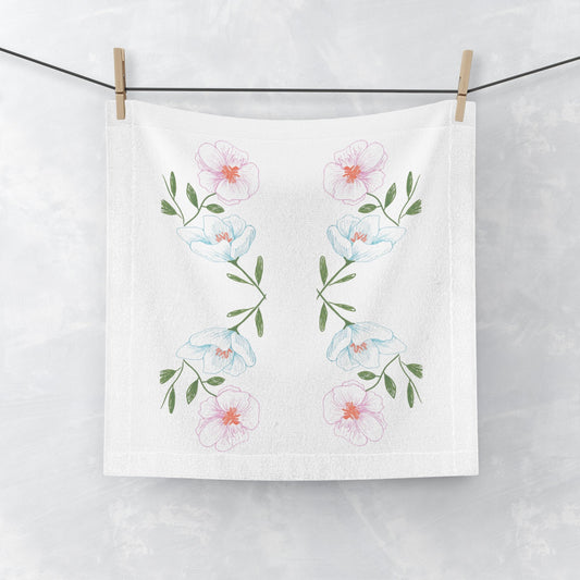 Face Towel, Print of Original Hand Drawing of Pretty Pink and Blue Flowers, Guest Towel, Summer Decor, Garden Flowers, Fine Art