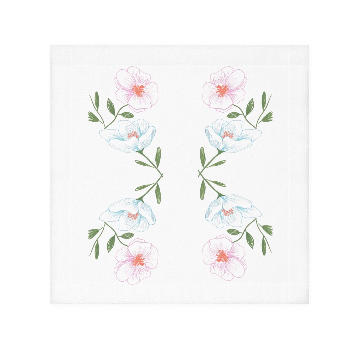 Face Towel, Print of Original Hand Drawing of Pretty Pink and Blue Flowers, Guest Towel, Summer Decor, Garden Flowers, Fine Art