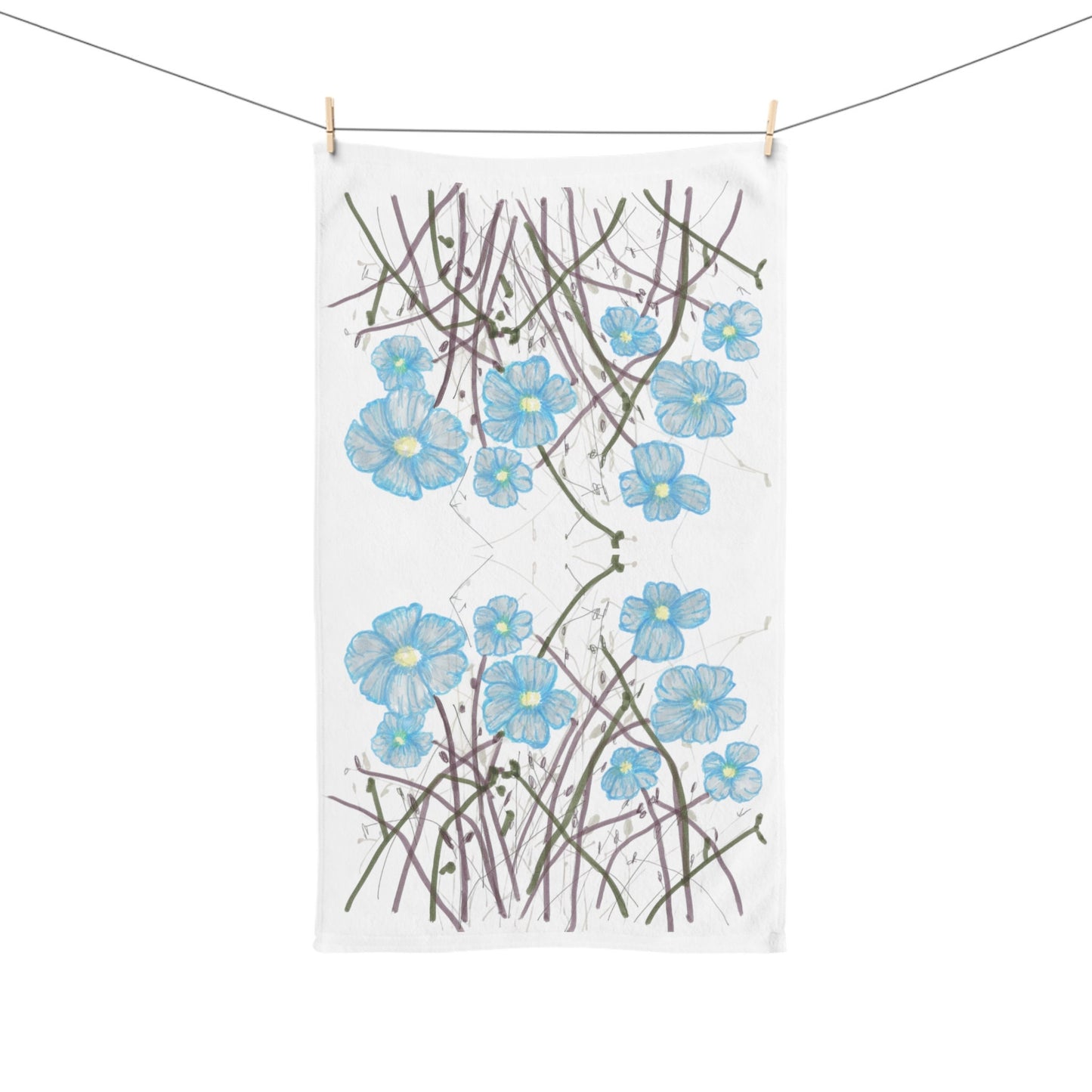 Hand Towel Print of Hand Drawn Ink Wildflowers, Pretty Blue Flowers, Floral Bathroom Accent, Guest Towel, Summer Flowers