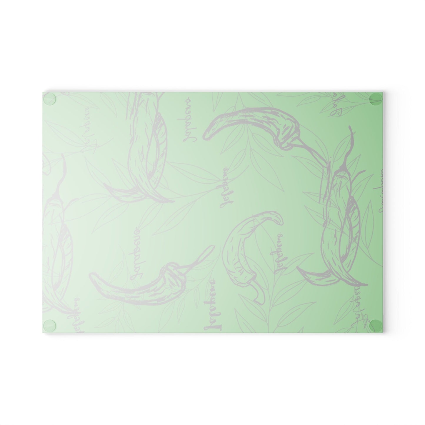 Glass Cutting Board with Original Jalapeno Hand Drawings Over Green Background