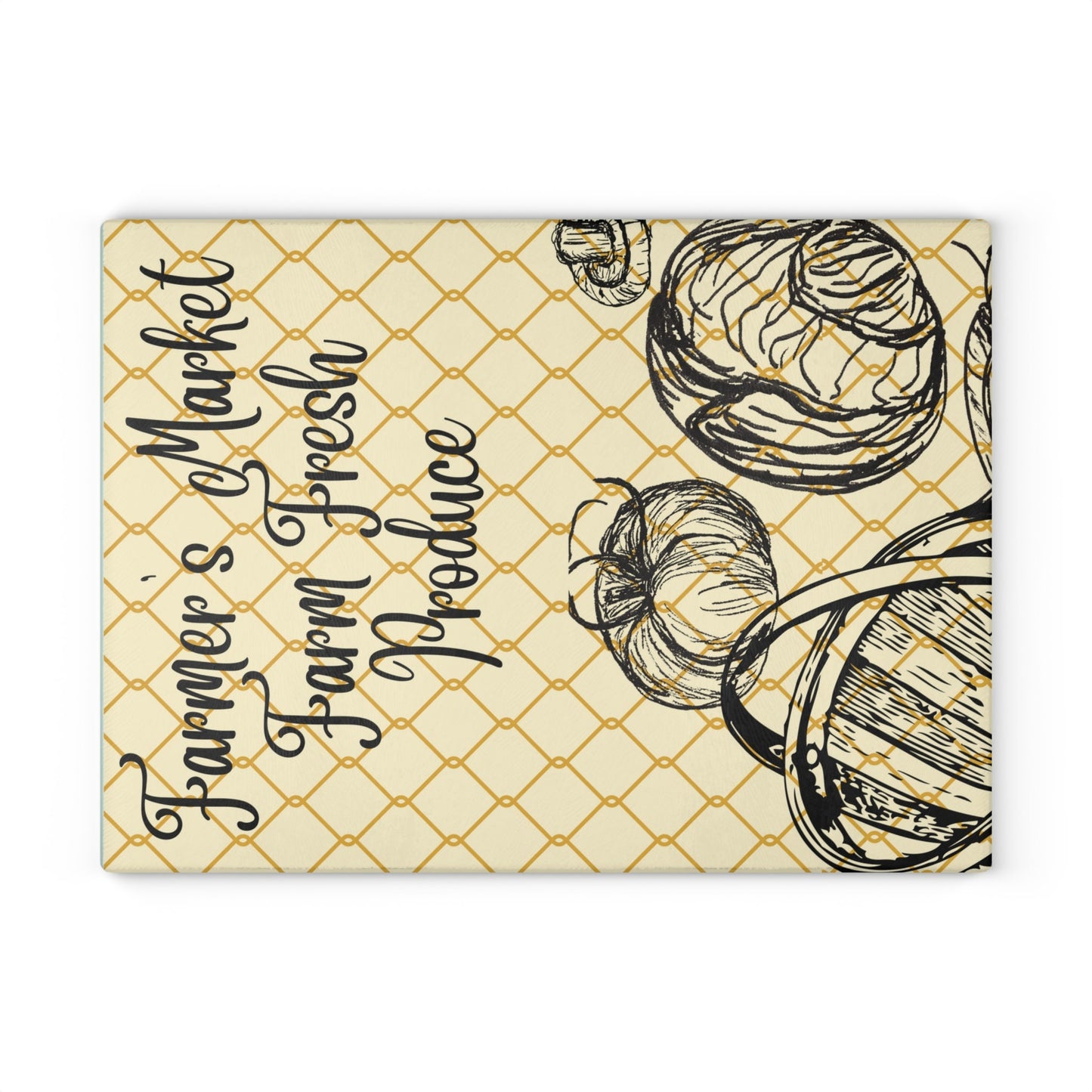 Glass Cutting Board with Farmers Market Print Featuring Hand Drawing of Vegetables Over Beige Background