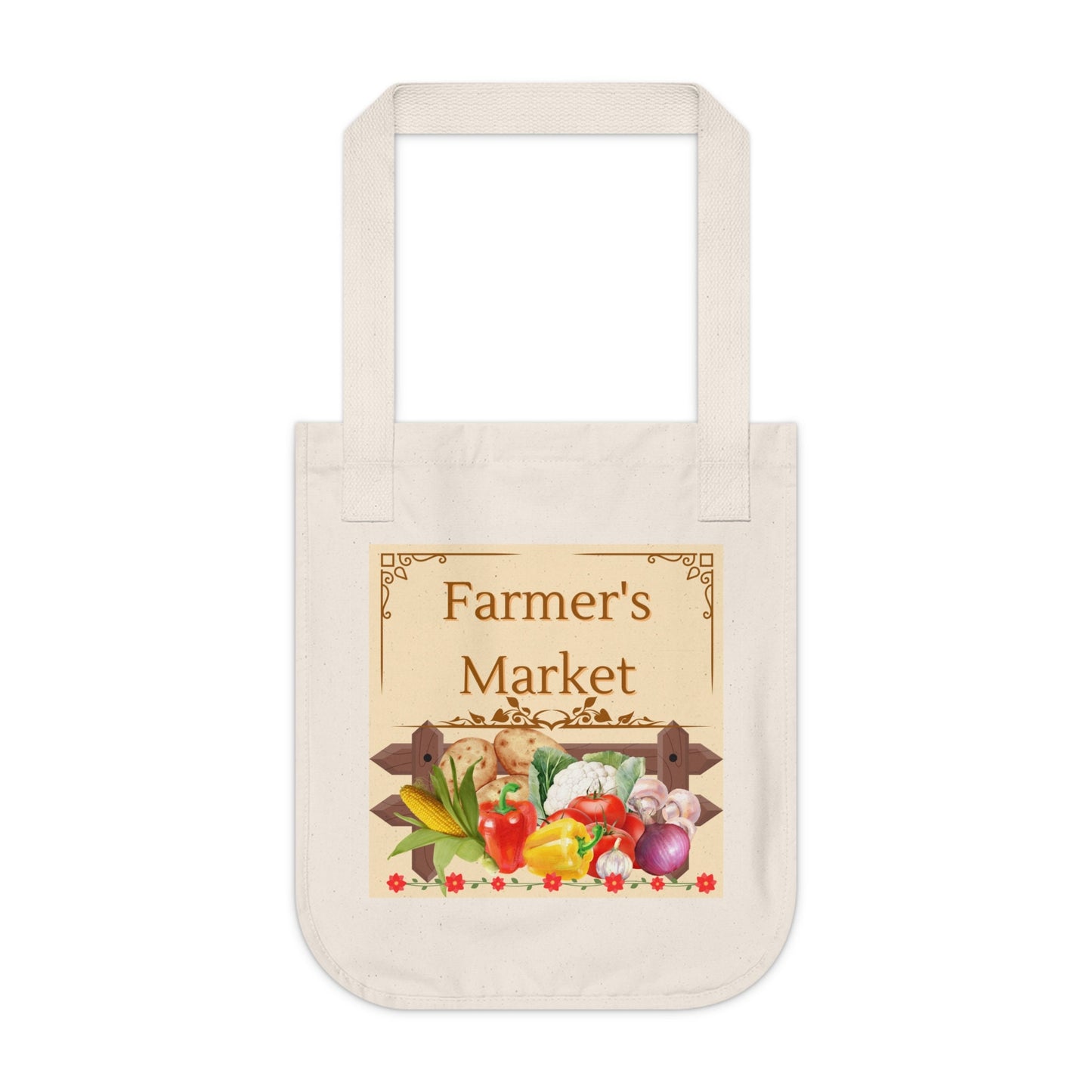 Organic Canvas Tote Bag with Fun Farmers Market Digital Design, Fruits and Vegetable Great for Shopping abd Marketing