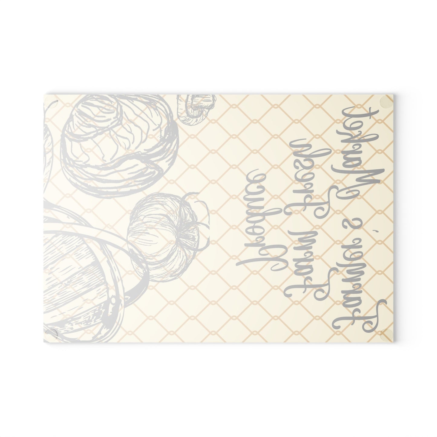 Glass Cutting Board with Farmers Market Print Featuring Hand Drawing of Vegetables Over Beige Background