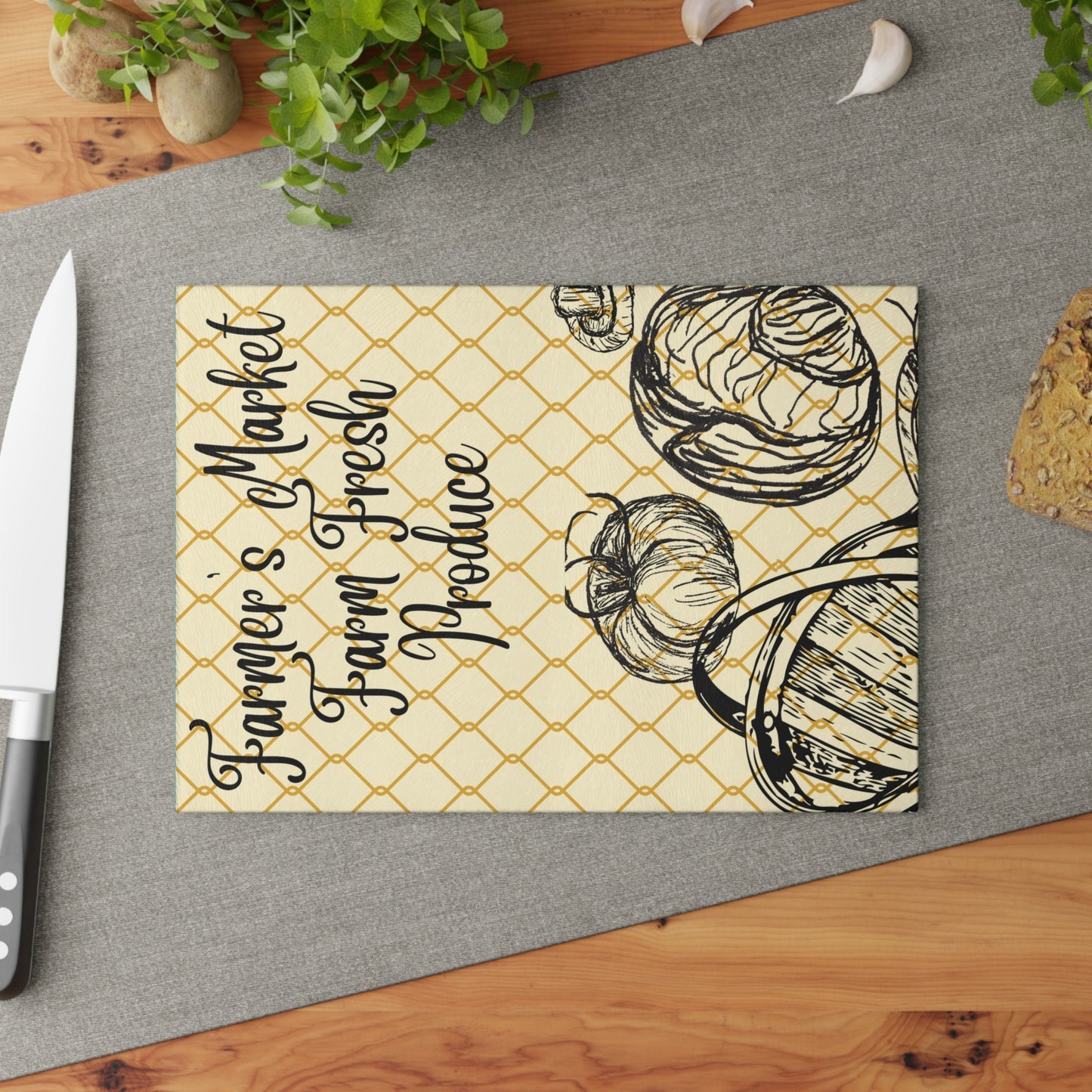 Glass Cutting Board with Farmers Market Print Featuring Hand Drawing of Vegetables Over Beige Background