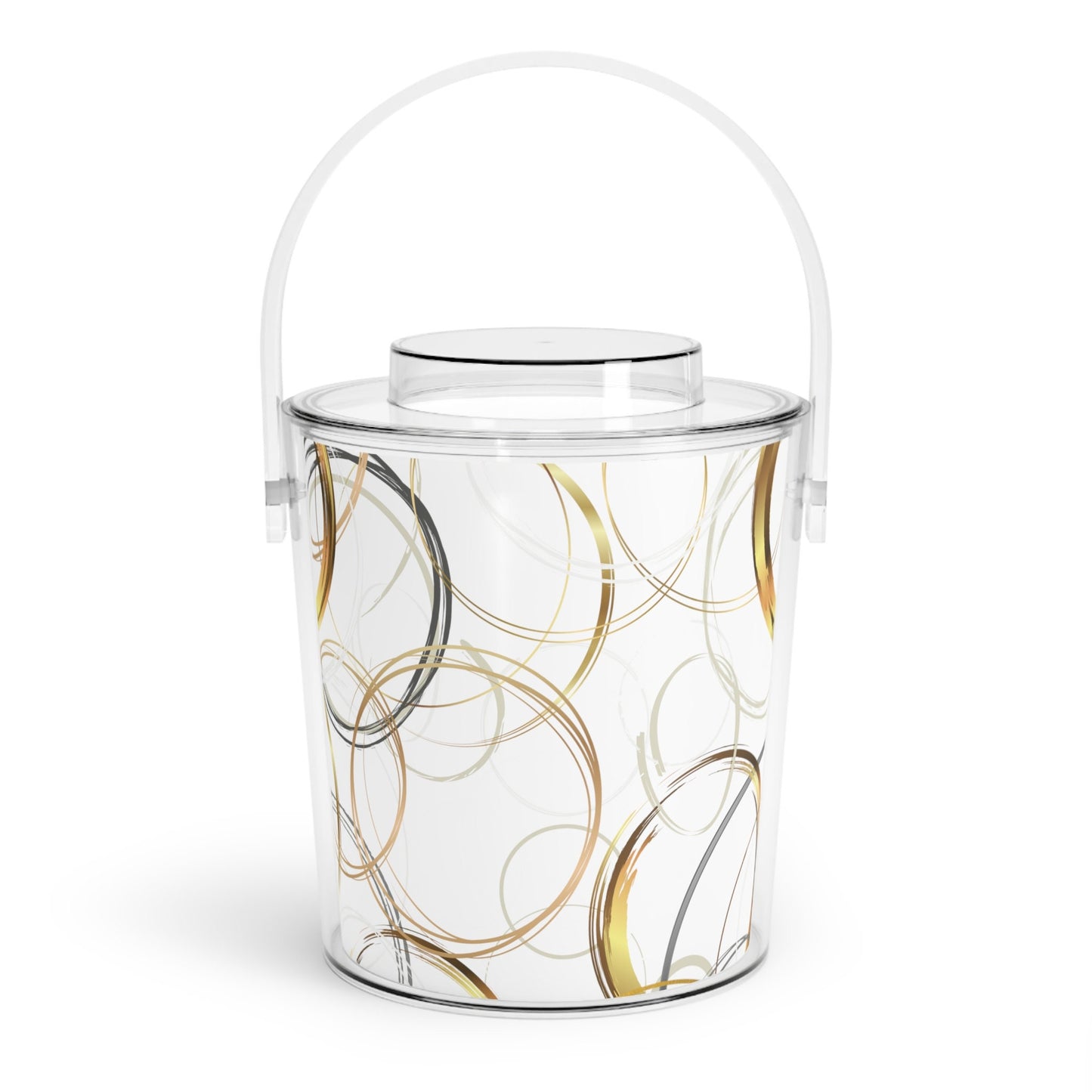 Ice Bucket with Tongs Featuring Abstract Gold, Beige, Brown Random Circles, Original Art Design, Digital, Lucite. Sophisticated Party, Host