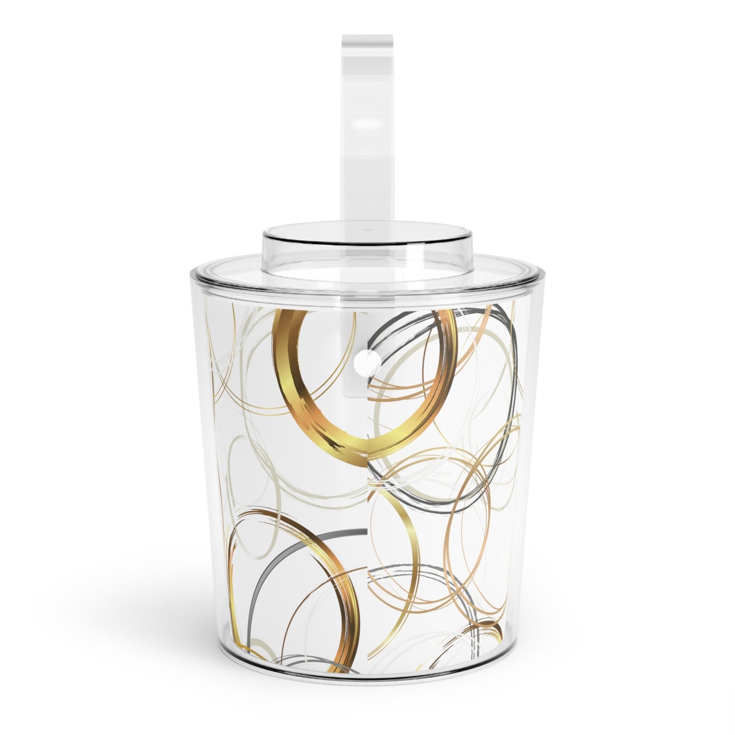 Ice Bucket with Tongs Featuring Abstract Gold, Beige, Brown Random Circles, Original Art Design, Digital, Lucite. Sophisticated Party, Host