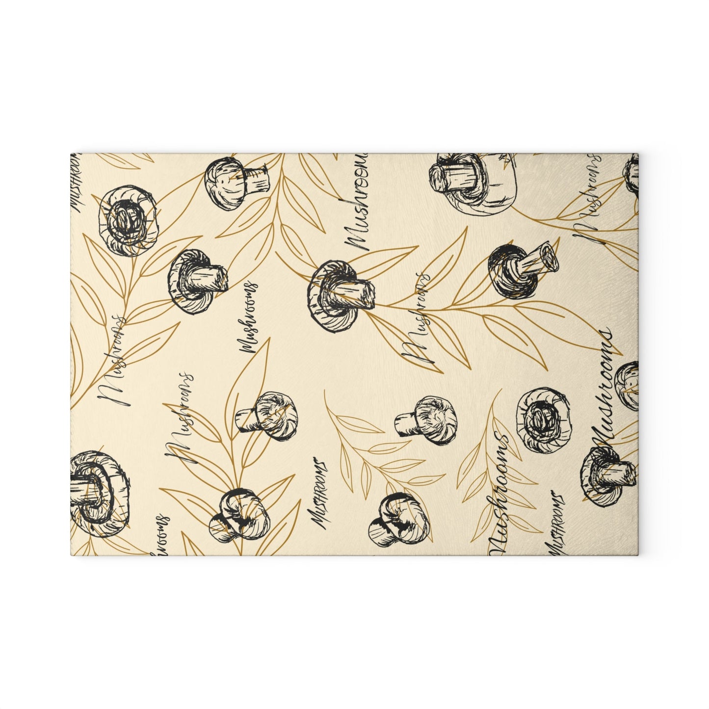 Glass Cutting Board with Print of Original Mushroom Drawings Over Beige Background with Faded Leaves, Home gardener, Gift, Kitchen Accent