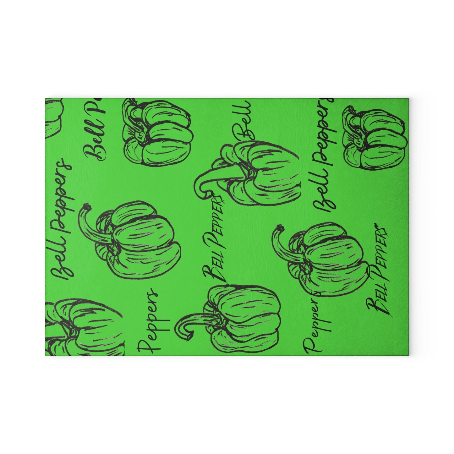 Glass Cutting Board with Original Bell Pepper Drawings Print on Green Background, Kitchen Accent, Farmhouse, Gardener Gift, Pepper fan