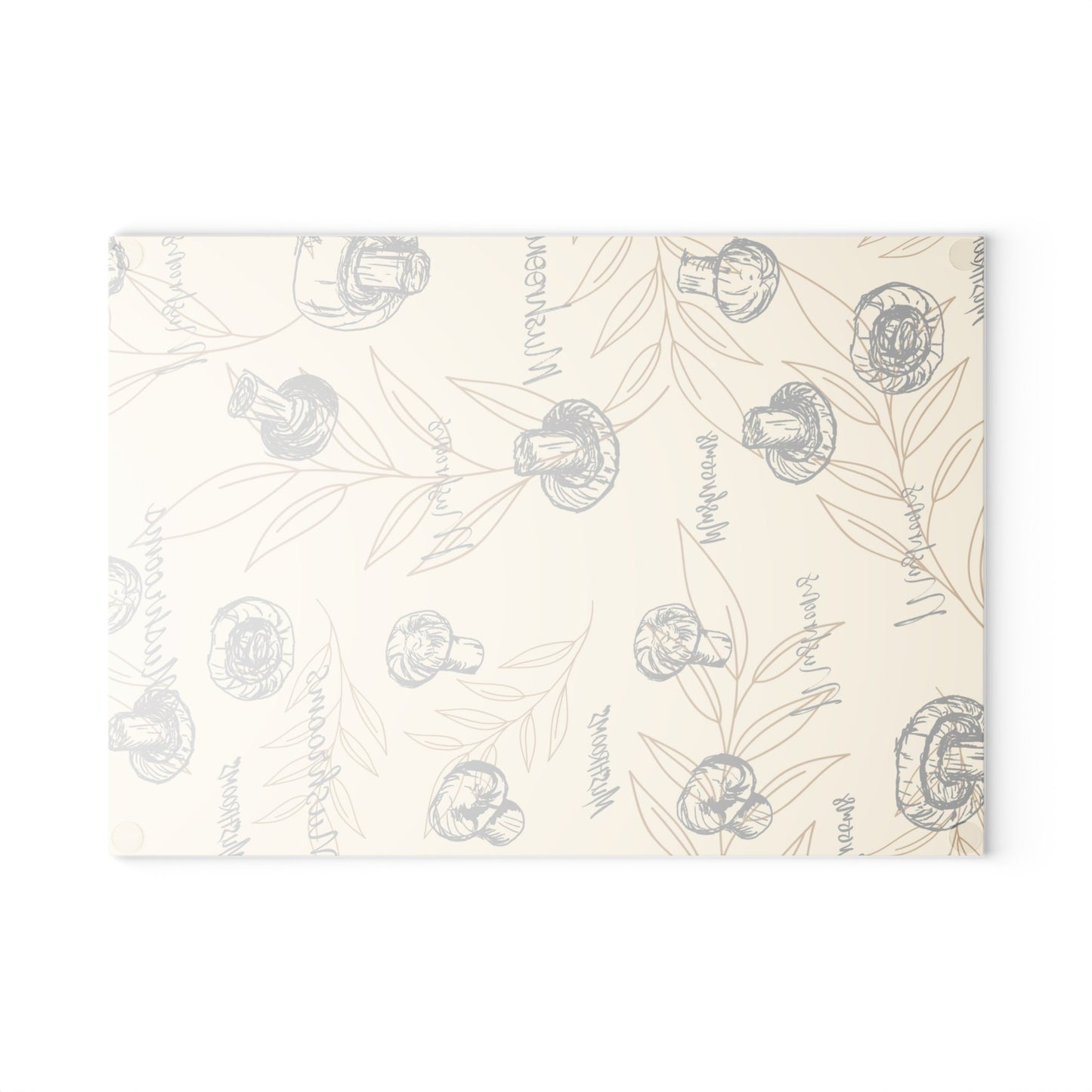 Glass Cutting Board with Print of Original Mushroom Drawings Over Beige Background with Faded Leaves, Home gardener, Gift, Kitchen Accent