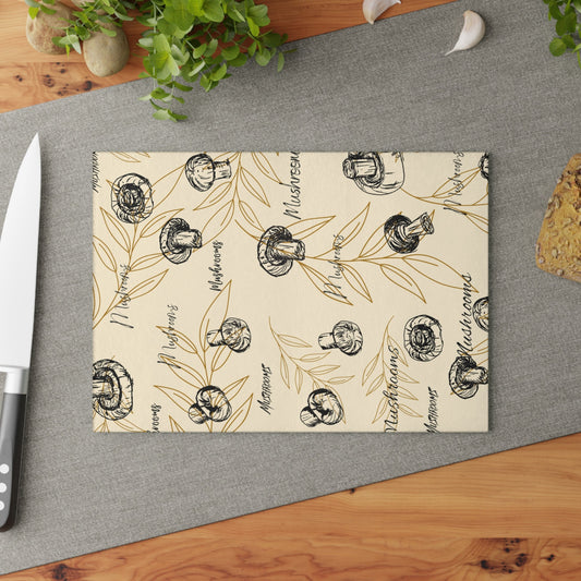 Glass Cutting Board with Print of Original Mushroom Drawings Over Beige Background with Faded Leaves, Home gardener, Gift, Kitchen Accent