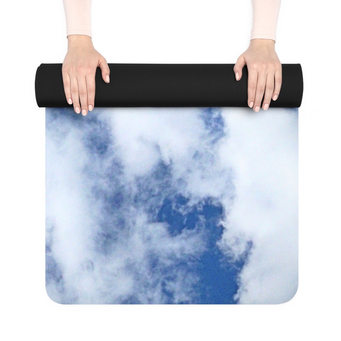 Rubber Yoga Mat with Cloud Print, Relaxing, Pleasant, Work Out Mat, Nature Print, Soothing, White Fluffy Clouds, Original Photo