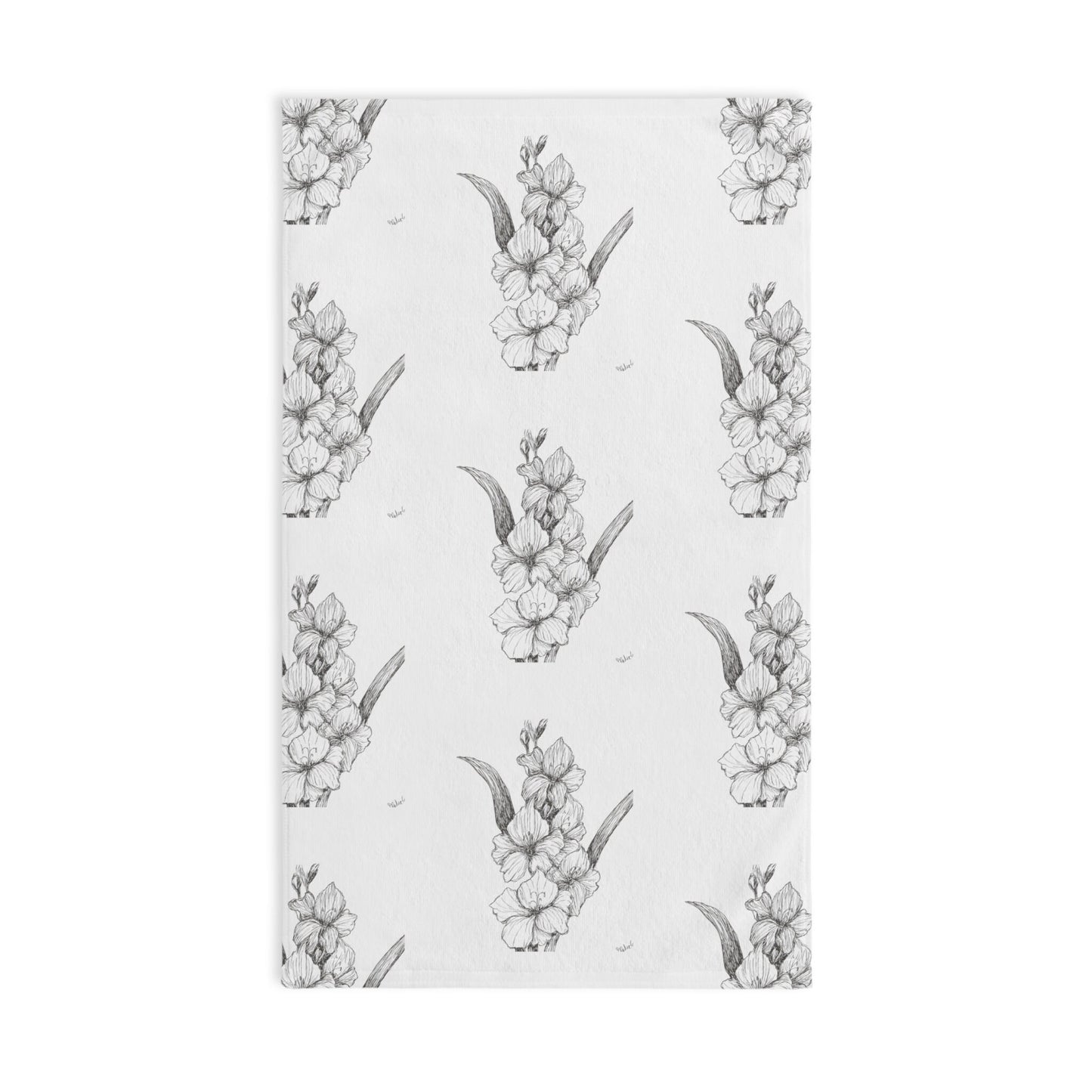 Hand Towel with Gladiolus Hand Drawing Print, Original Black and White Ink Drawing Print, Minimalist  Design, Line Drawing