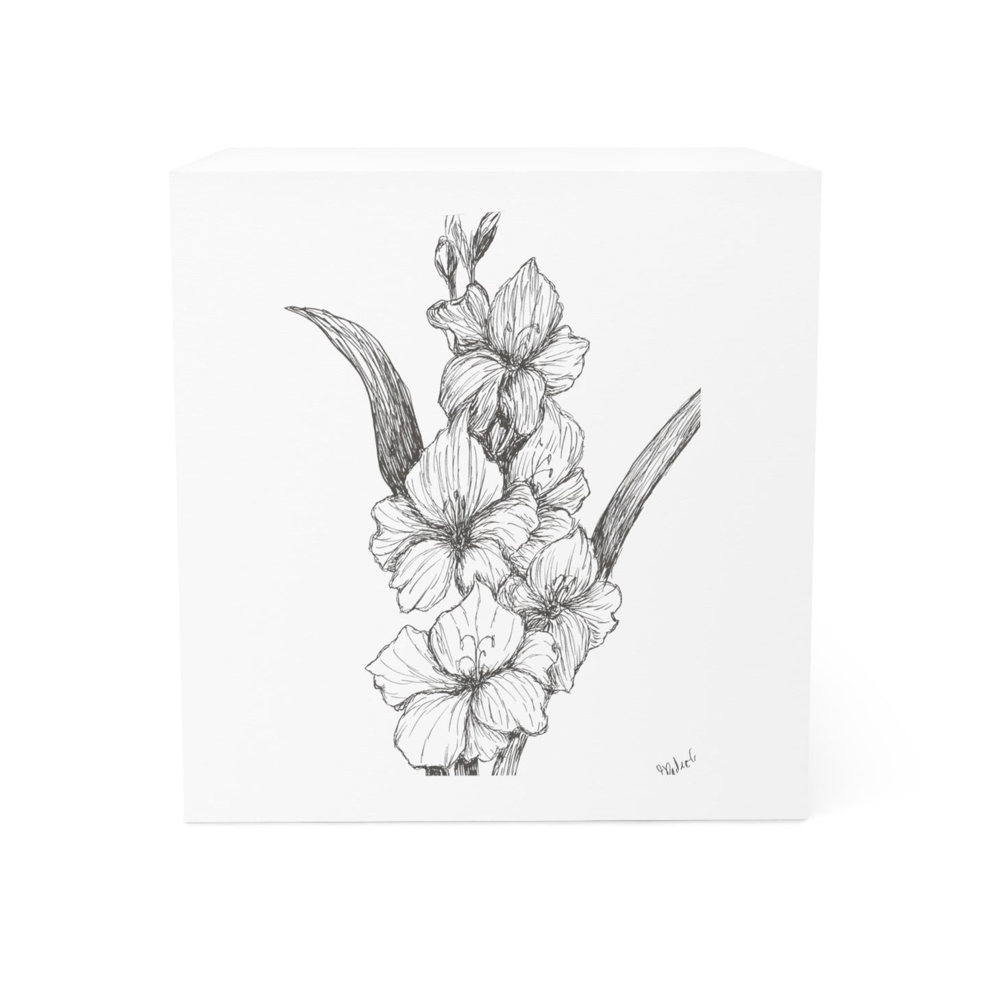 Note Cube with Fine Botanical Art Print of Habd Drawn Gladiolus,  Original Hand Drawing Print, Black and White Ink, Minimalist  Design