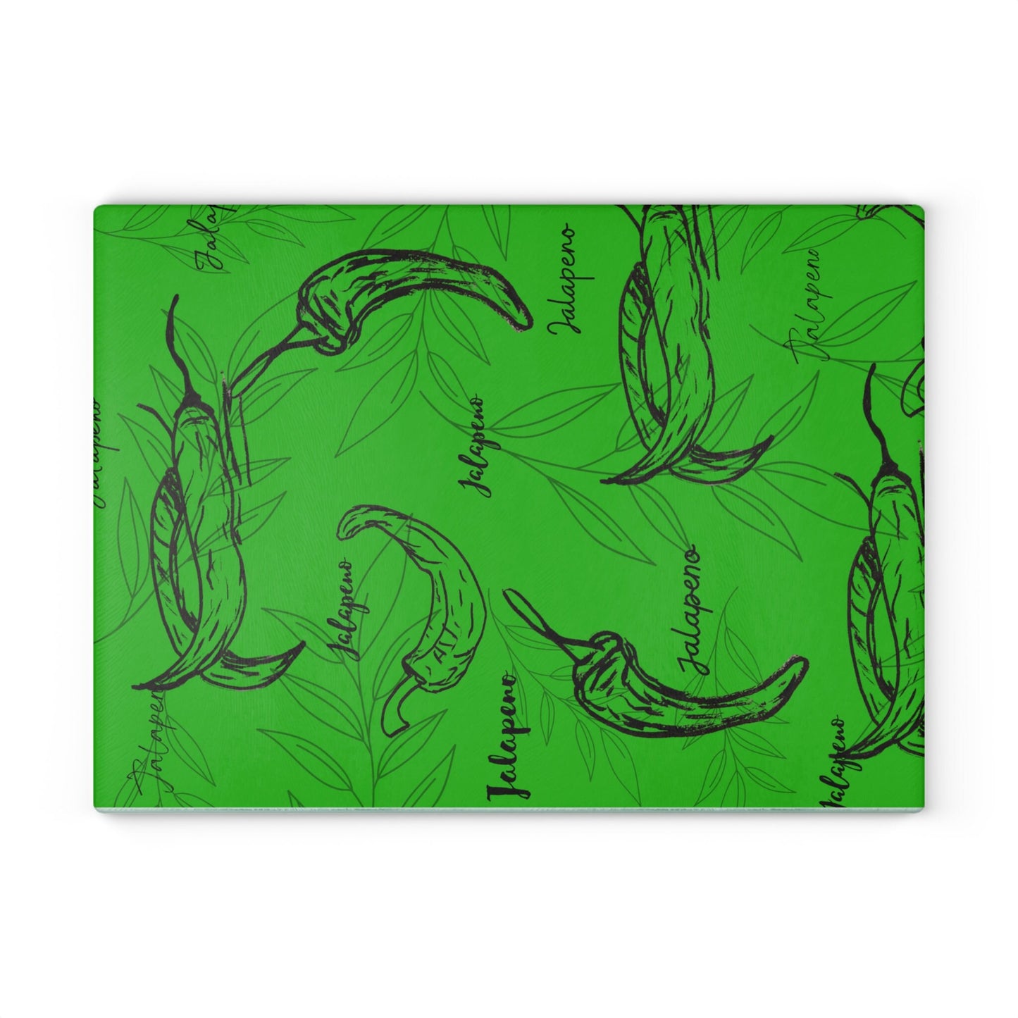 Glass Cutting Board with Original Jalapeno Hand Drawings Over Green Background