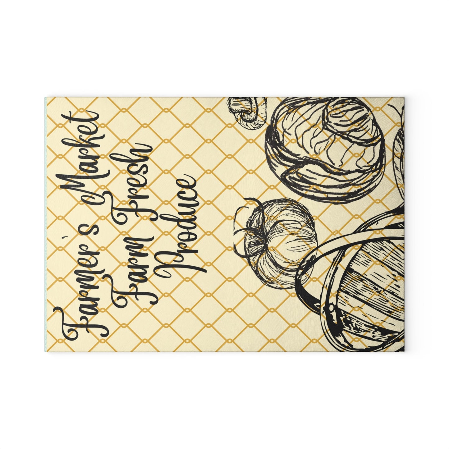 Glass Cutting Board with Farmers Market Print Featuring Hand Drawing of Vegetables Over Beige Background