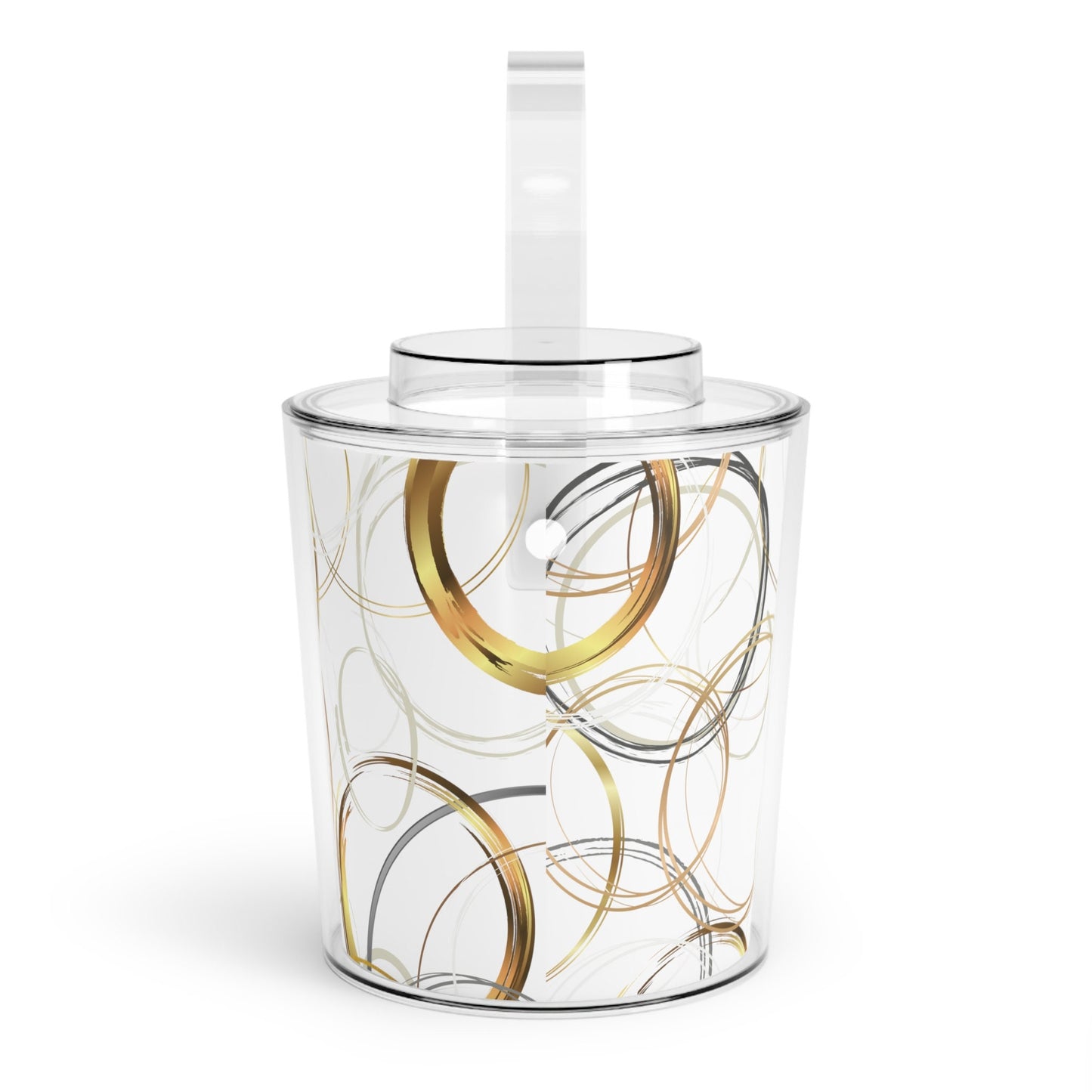 Ice Bucket with Tongs Featuring Abstract Gold, Beige, Brown Random Circles, Original Art Design, Digital, Lucite. Sophisticated Party, Host