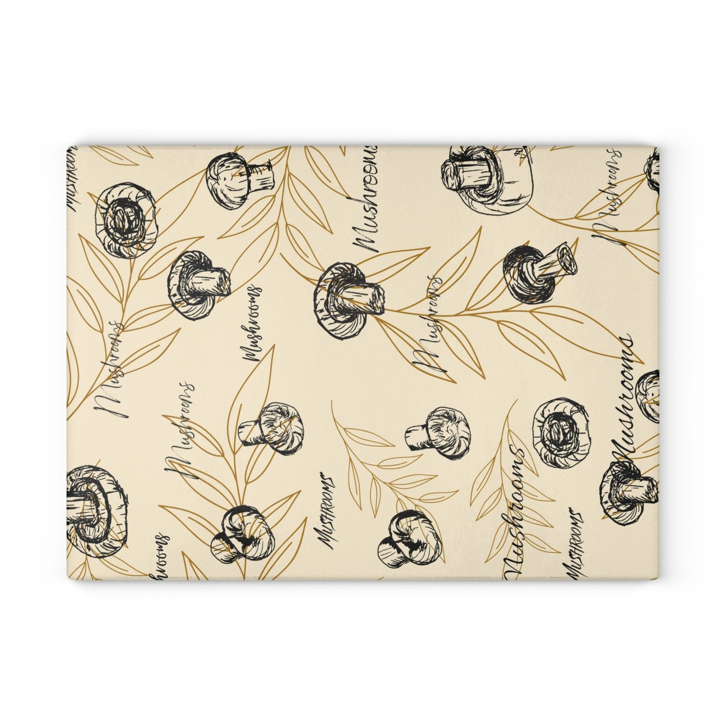 Glass Cutting Board with Print of Original Mushroom Drawings Over Beige Background with Faded Leaves, Home gardener, Gift, Kitchen Accent